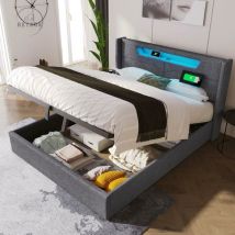 Lit coffre 160x200cm, lit double rembourré led avec chargement usb Type-C et éclairage led, cadre de lit en lin, lit ado, sommier à lattes, gris