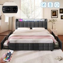 Lit double capitonné 160x200 cm, tissu lin, avec éclairage led, 4 tiroirs, fonction chargement usb, lit adulte style moderne - gris