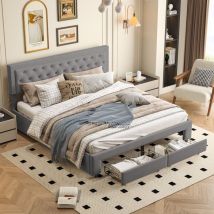 Polsterbett mit Stauraum 180x200 cm, Kopfteil mit Nieten, Doppelbett mit 2 Schubladen, Stauraum, Lattenrost, Samt, Polsterbett, Jugendbett - Grau