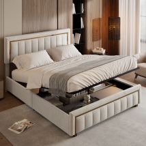 Sunfecili - Lit Coffre 160x200,lit 160x200,lit Double ,lit Rembourré,lit Adult,avec Levier Hydraulique,tissu En Velours,beige