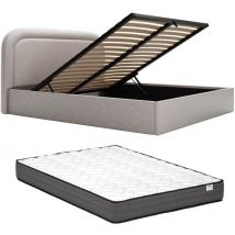 Vente-unique - Lit coffre 180 x 200 cm - Tissu chiné - Gris clair + Matelas - fireza