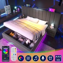 Lit coffre 180×200cm lit adulte double rembourré , led, charge usb-c, sommier à lattes, Lin, sans matelas, gris