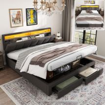 Lit coffre 140x200 avec sommier,lit double,lit adulte,LED réglable, rangement pour la tête de lit,deux tiroirs,lin,gris