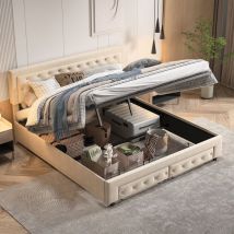 Nmonet - Lit coffre 160x200 cm, avec 2 tiroirs, décor rivets, structure à lattes en bois massif, structure en métal, Cygne, lit double capitonné