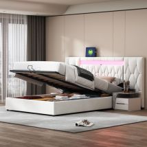 Lit coffre 180x200 cm en velours - avec led et prise usb - Beige