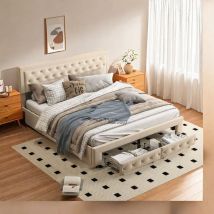 Lit coffre 180x200 cm,lit 2 Personnes avec tiroirs,lit rembourré moderne avec rangement,sommier à lattes,lit à levier hydraulique,lit adulte,beige