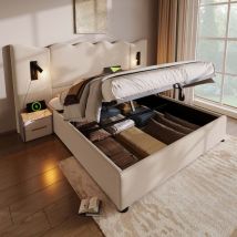 Lit coffre 180x200 cm, lit double capitonné avec lampe de lecture et fonction de charge usb Type-C, beige, lin, sans matelas, sans fond