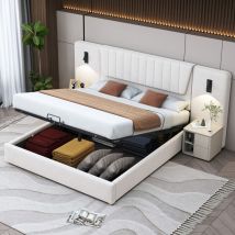 Lit coffre 180x200 cm, lit double capitonné beige avec lampe de lecture, port de chargement usb, en velours, sans matelas