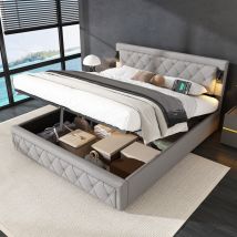 Hauss Spole - Lit coffre 180x200 cm, lit double tapissé avec liseuse + port usb, lit adulte, hydraulique, lin, sans matelas, gris