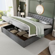 Lit coffre 180x200, lit adulte avec rangement, lit double capitonné avec hydraulique espace de rangement, tête de lit, style moderne, Velours - Beige