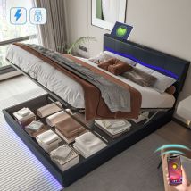 Lit coffre 180x200 cm, avec éclairage led, hydraulique de rangement, usb fonction de charge, sommier à lattes, lit capitonné en similicuir - Noir