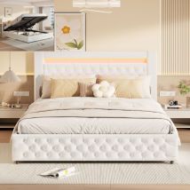 Fortuna Lai - Lit coffre 160x200cm - Lit de rangement avec sommier à lattes + tête de lit led style classique - en pu Blanc