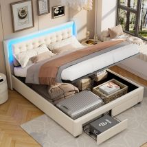 Sureh - Lit coffre 180x200cm, lit double capitonné avec tiroirs, lit adulte led avec rangement hydraulique, sommier à lattes, éclairage led