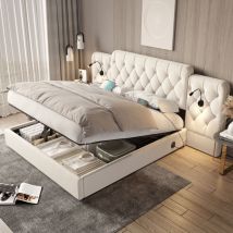 Tanant - Lit coffre 180x200cm, tête de lit avec 2 liseuses et ports usb, lit capitonné avec sommier à lattes, rangement hydraulique, tissu velours,