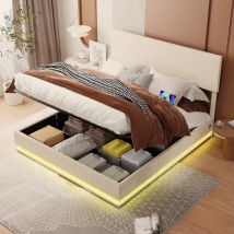 Tanant - Lit coffre 160x200cm - velours, lit double avec chargement usb et éclairage led, rangement canne hydraulique, cadre de lit, lit à fonction