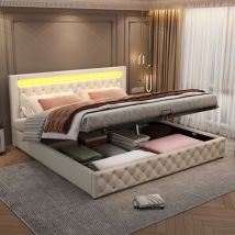 Lit coffre 180x200,lit adulte 180x200 avec sommier à lattes,lit double capitonné,Tête de lit avec lumières led réglables,PU,blanc - Sunfecili