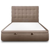 Lit coffre 140x190cm avec tête de lit capitonnée Velours Taupe - Hauteur totale : 39cm