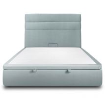 Lit coffre 200x200cm avec tête de lit lignes Velours Gris bleuté - Hauteur totale : 39cm