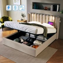 Lit coffre 140 x 200 cm, avec lampe de lecture chargement, lit adulte, lin, Sans Matelas, beige