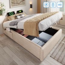 Hauss Spole - Lit coffre 90×200 cm, lit adulte capitonné, avec usb-c, sans tête de lit, lin, sans matelas, beige