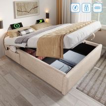 Lit coffre 140×200 cm, lit adulte capitonné, avec usb-c, sans tête de lit, lin, sans matelas, beige