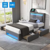 Lit coffre 90x190 cm, lit adulte rembourré, 4 tiroirs, led, interface usb (sans fil et filaire), sans matelas, pu, gris