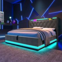 Lit coffre 160x200cm en lin - avec led et prises usb & Type-C - Blanc