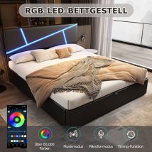 Lit coffre 90x200cm, lit adulte rembourré, LED, simili cuir, sans matelas, noir