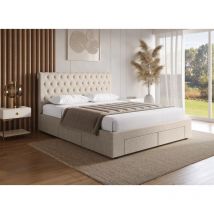 Leandre - Lit double avec 4 tiroirs en lin beige 140x190 cm leandre
