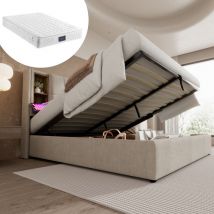 Lit coffre, avec chargement usb c, lit adulte, en bois, lit double 160 x 200 cm, lin, naturel, matelas inclus