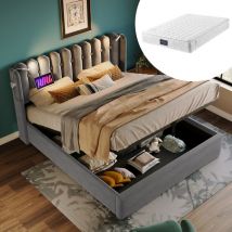 Lit coffre 160 x 200 cm, avec lampe de lecture chargement, lit adulte, velours, Matelas Inclus, Gris