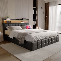 Lit coffre 160x200, lit coffre avec led, lit adulte 160x200 cm, lit double avec rangement, lit rembourré avec sommier à lattes,tête de lit avec