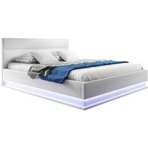 Lit Coffre avec Matelas Texas Lit Adulte Couleur Blanc avec led Matériaux bois et simili cuir Coffre de rangement Modèle Nitas 150x190cm