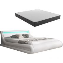Lit Coffre avec Matelas Texas Lit Adulte Couleur Blanc avec led Matériaux bois et simili cuir Coffre de rangement Modèle Parisina 150x190cm