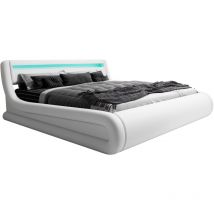 Lit Coffre avec Matelas Texas Lit Adulte Couleur Blanc avec led Matériaux bois et simili cuir Coffre de rangement Modèle Rodas 160x200cm