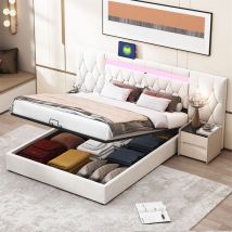 Fortuna Lai - Lit coffre avec prise usb et led, sommier à lattes et tête de lit longue avec grand dossier, style élégant, velours, beige 160x200cm