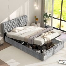 Lit coffre 90x200cm, lit adulte double moelleux, tête de lit réglable en hauteur, velour, sans matelas, gris