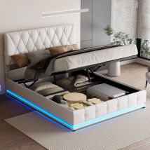 Tanant - Lit coffre capitonné 140x200 cm, tête de lit led décor losange, sommier à lattes, rangement, cadre de lit, lit adulte, simili cuir - Blanc