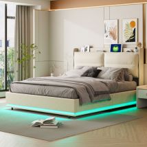 Lit coffre capitonné 140x200 cm,lit 2 Personnes moderne avec rangement,chargement USB et Type C,éclairage LED,tête de lit épaisse et rembourrée,tissu