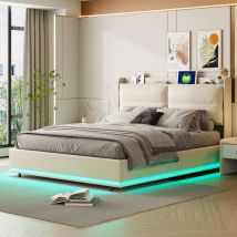 Lit Coffre Capitonné 140x200 Cm,lit 2 Personnes Moderne Avec Rangement,chargement Usb Et Type C,éclairage Led,tête De Lit Épaisse Et Rembourrée,tissu 