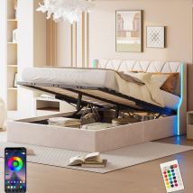 Lit coffre capitonné 140x200 cm, avec éclairage led, hydraulique espace de rangement, sommier à lattes, style moderne, tissu velours, lit double