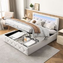 Sureh - Lit Coffre Capitonné 140x200,lit adulte avec led réglable,rangement à levier hydraulique, sommier à lattes,Tête de lit réglable en hauteur,