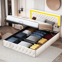 Polsterbett mit Stauraum 180x200 cm, LED-Beleuchtung am Kopfteil und hydraulischen Stangen, hydraulisches Bett, Lattenrost, Metallsockel,