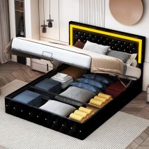 Tanant - Lit coffre capitonné 160x200 cm - tête de lit cloutée avec éclairage led intégré, rangement, sommier à lattes en bois, lit double style