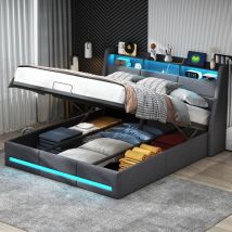 Bett Mit Stauraum 140x190 Cm, Leinen, Doppelbett Mit Led-beleuchtetem Kopfteil, Lattenrost, Usb-anschluss, Stauraum Mit Hydraulischer Hebefunktion, 