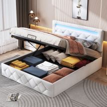 Tanant - Lit coffre 140x200 cm, lit capitonné avec tête de lit décor rivet, sommier à lattes, rangement intégré, éclairage led, lit double style