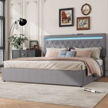 Lit coffre capitonné 180x200cm - avec led à couleur changeante et prises usb - Gris