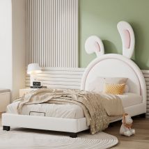 Lit coffre capitonné 90x200cm,lit d'enfant avec sommier à lattes et dossier,Lit de Fille en forme d'oreille de lapin,Blanc (matelas non inclus)