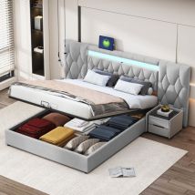 Tanant - Lit coffre 160x200cm, lit hydraulique avec grand dossier, lit double avec prises led et usb, sommier à lattes, structure métallique, lit