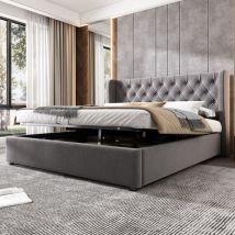 Lit coffre capitonné en velours 140x190cm avec sommier à lattes - Gris